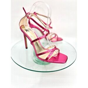 Paige Vera Stiletto Heels Metallic Pink Snakeskin Ankle Strap Strappy